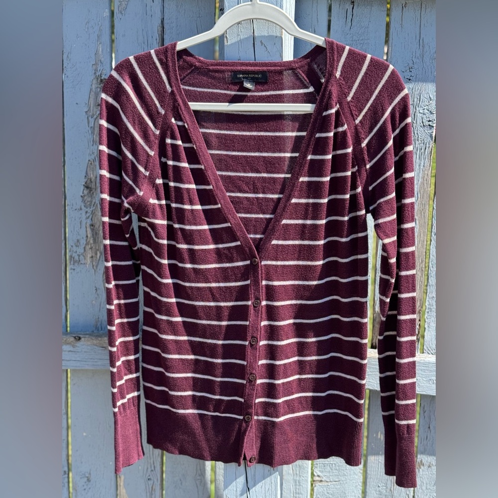 Banana Republic Women’s Cardigan Sweater Medium Lightweight Glitter Striped Plum - Picture 1 of 7